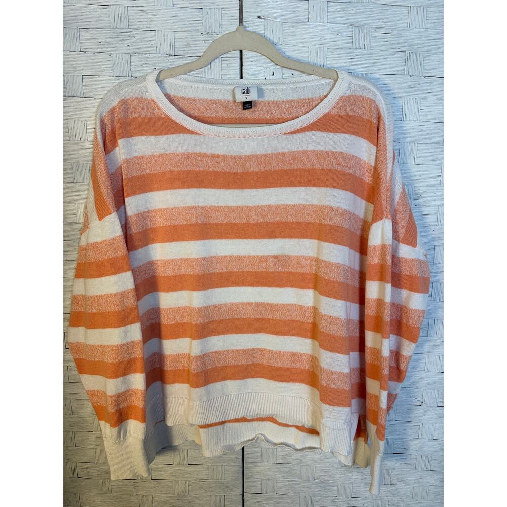 Cabi women's sweater lightweight white orange stripes coastal cozycore feminine